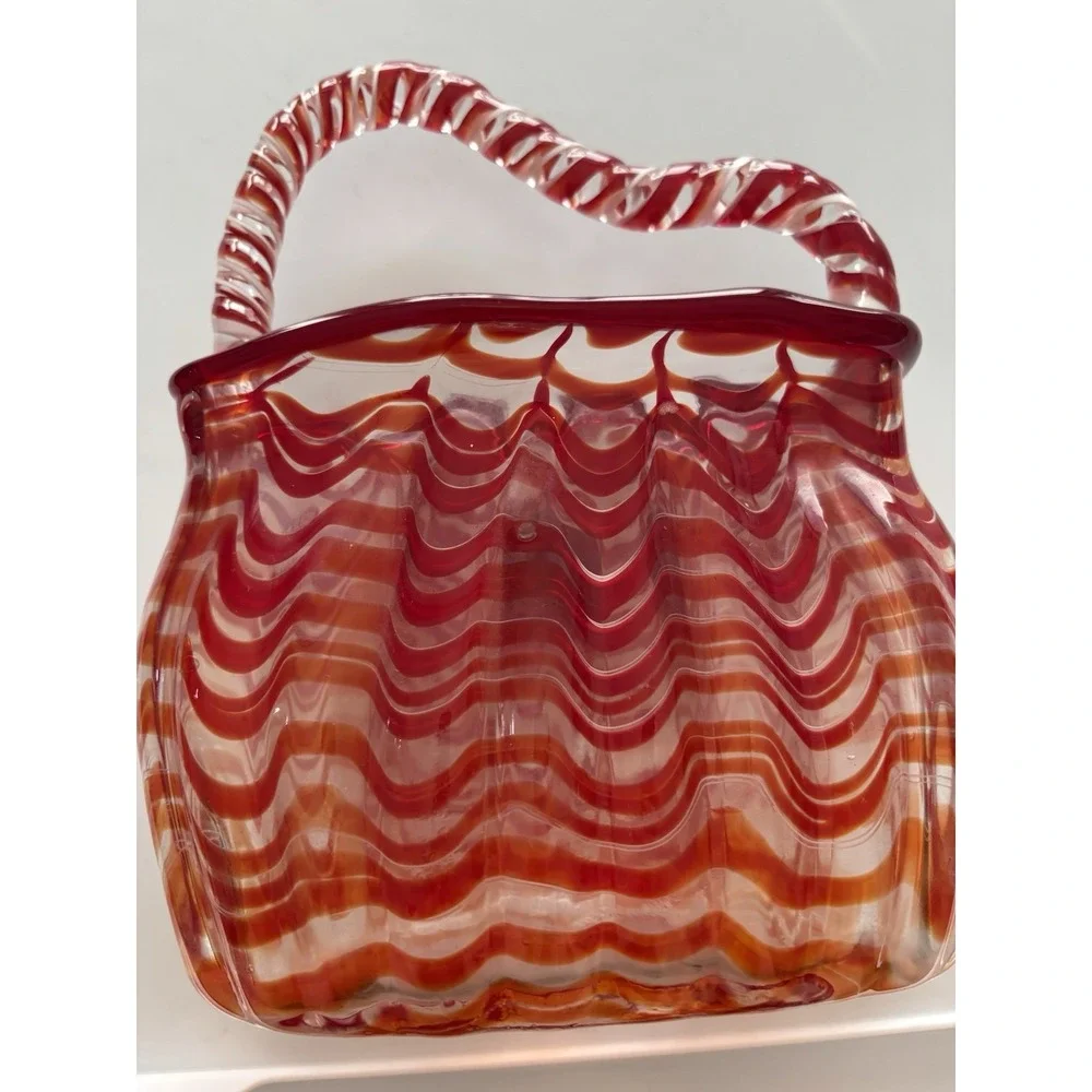 Vintage Pier 1 Hand Blown Art Glass Purse Vase Red Orange White Swirl Handbag